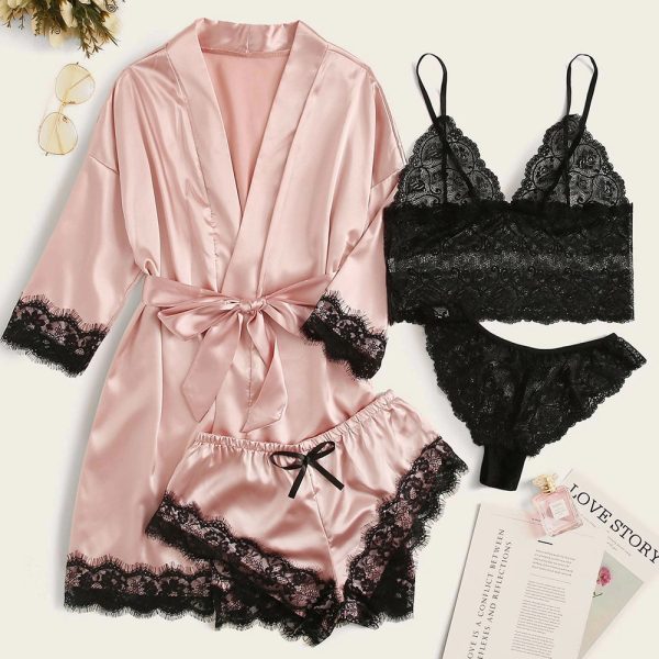 4 piece satin lace pajama set – robe, camisole, shorts & panties