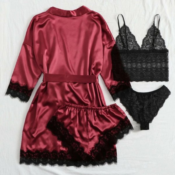 4 piece satin lace pajama set – robe, camisole, shorts & panties