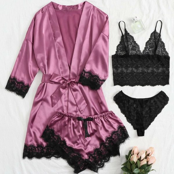 4 piece satin lace pajama set – robe, camisole, shorts & panties