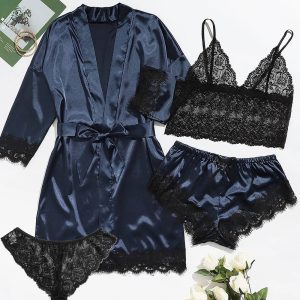 4 piece satin lace pajama set – robe, camisole, shorts & panties