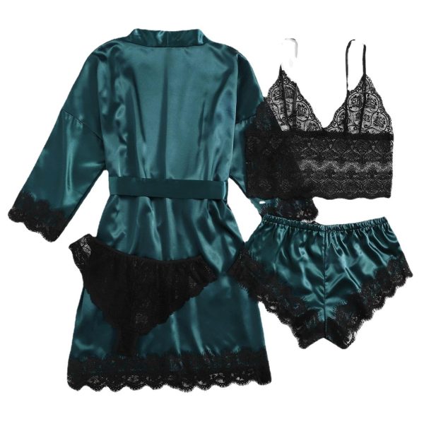 4 piece satin lace pajama set – robe, camisole, shorts & panties