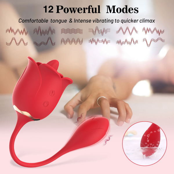 rose vibrator with tongue licking & egg bullet – 10 licking modes + 12 vibration modes, usb rechargeable, ipx5 waterproof silicone